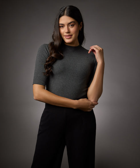 Short Sleeve High Neck Rib Top- Dark Grey